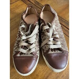 Michael Kors MK Logo Canvas Sneakers Brown Leather Trim Women’s 9.5